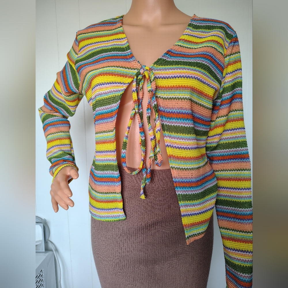EARTHBOUND Multicolor Striped Tie-Front Cardigan Size L
